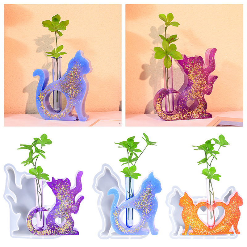 Florist Supply Vases - แจกันซิลิโคนรูปแมวแม่พิมพ์เรซินแม่พิมพ์เรซินอีพ็อกซี่สำหรับสถานีโรงงานเรซินหล่อแจกันหลอดสำหรับพืชน้ำ